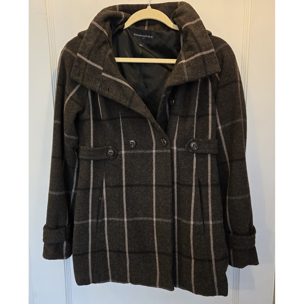Banana Republic Wool Gray Plaid Double Breasted Pea‎ Coat Small Read Description